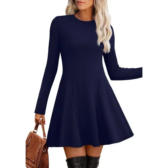 Women Navy Blue Crew Neck Ribbed Knit Flare A-Line Long Sleeve Sweater Dress - Picture 2 of 5